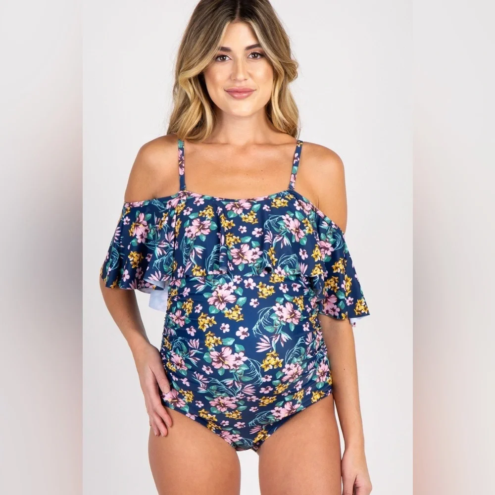 Pinkblush floral ruffle off the shoulder swimsuit bathing suit nwot